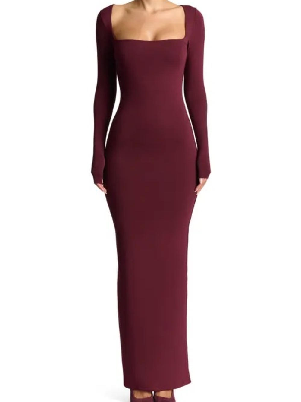 naked wardrobe Burgundy Long Sleeve Square Neck Maxi Dress